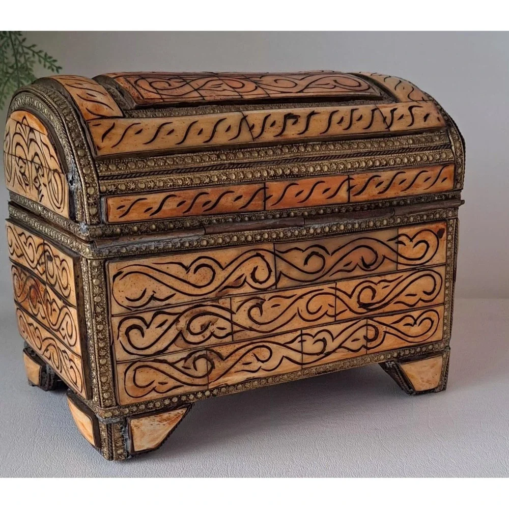 Antique Moroccan Camel Bone with Brass & Copper Inlay Dowry Chest